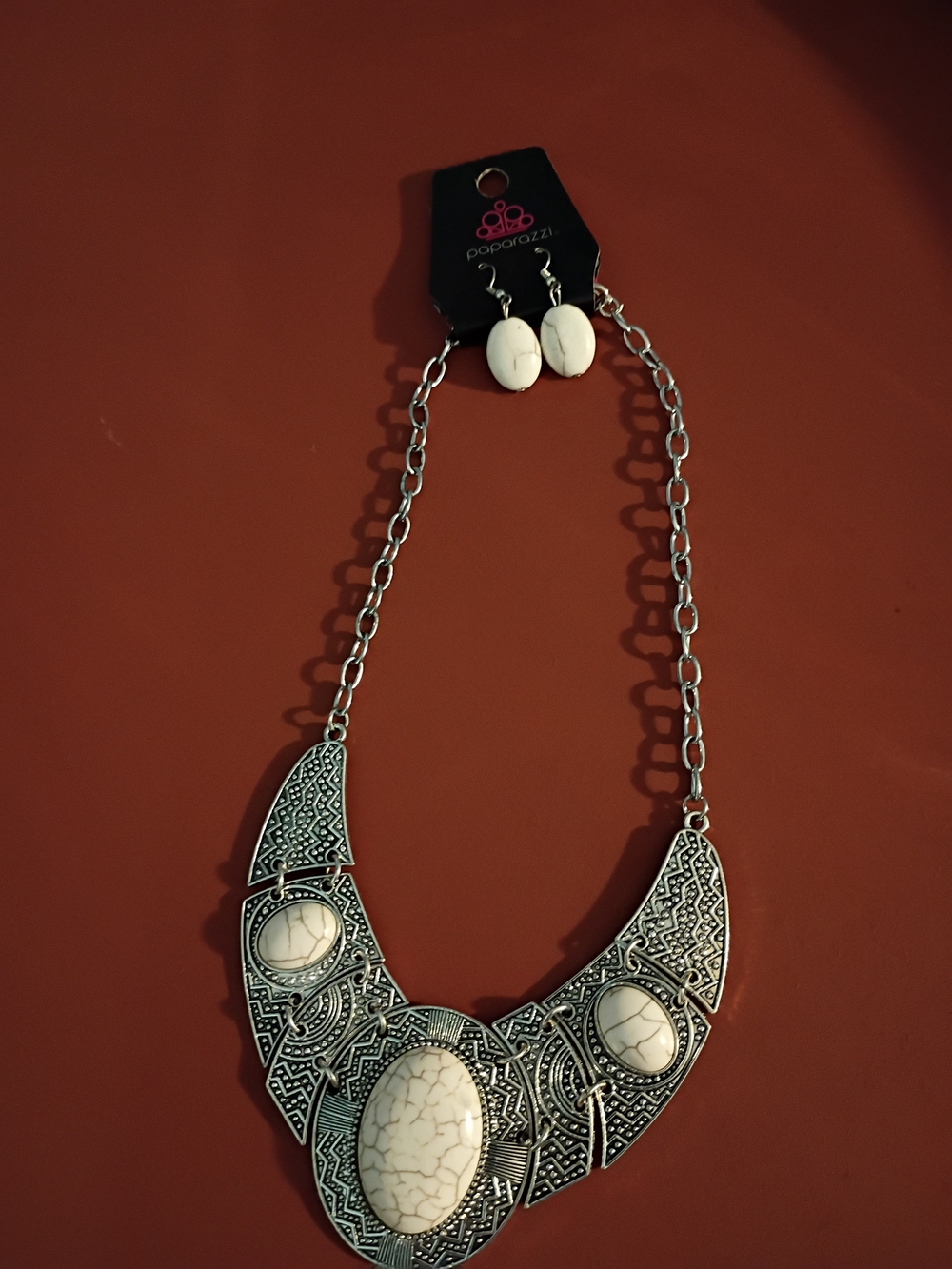 paparazzi Silver-Tone Tribal Bib Necklace with White Stone Accents